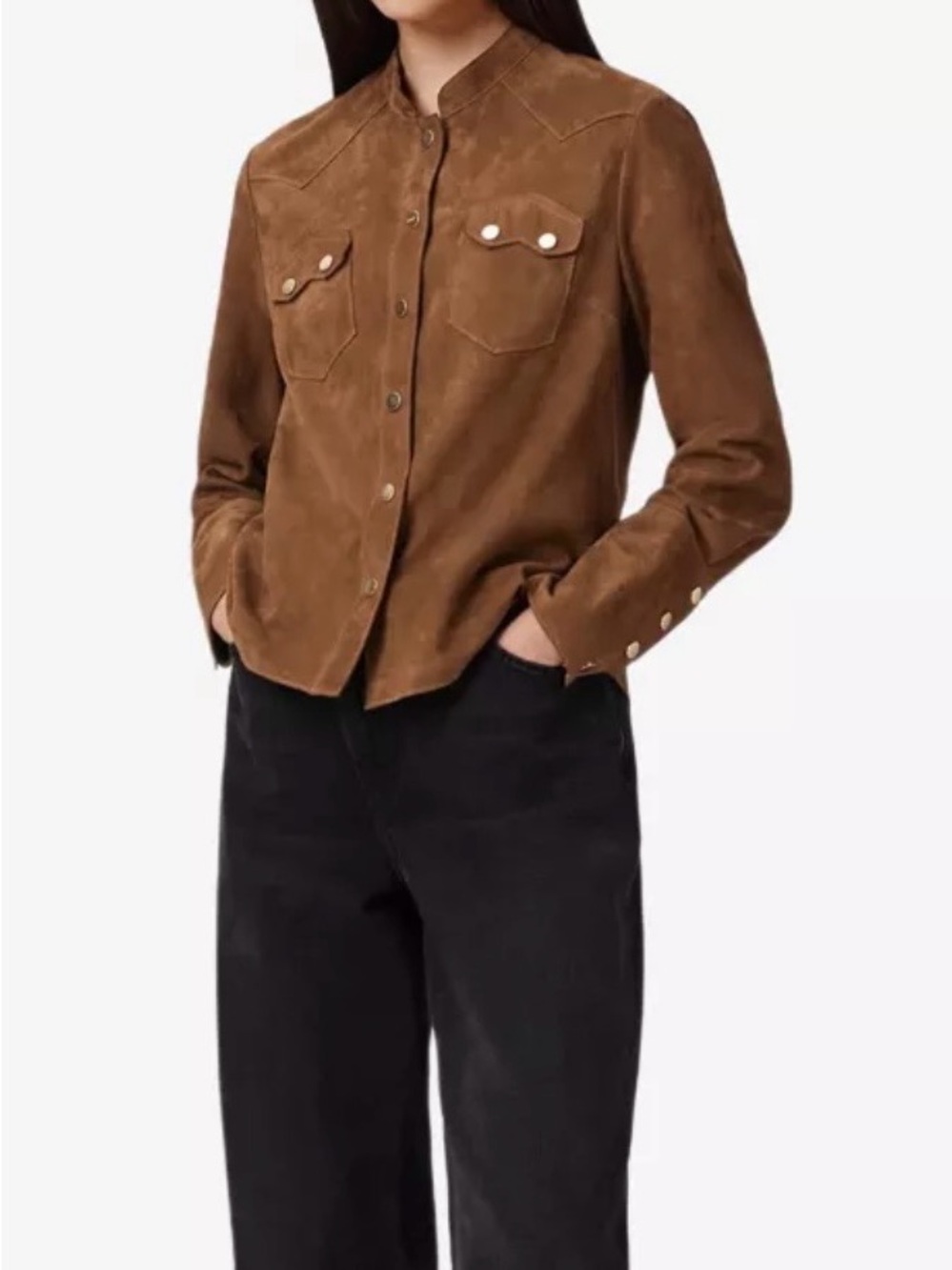 All Saints Rock Grandad-Collar Long-Sleeve Suede Shacket in Brown. US Size 8. NW - Picture 3 of 7